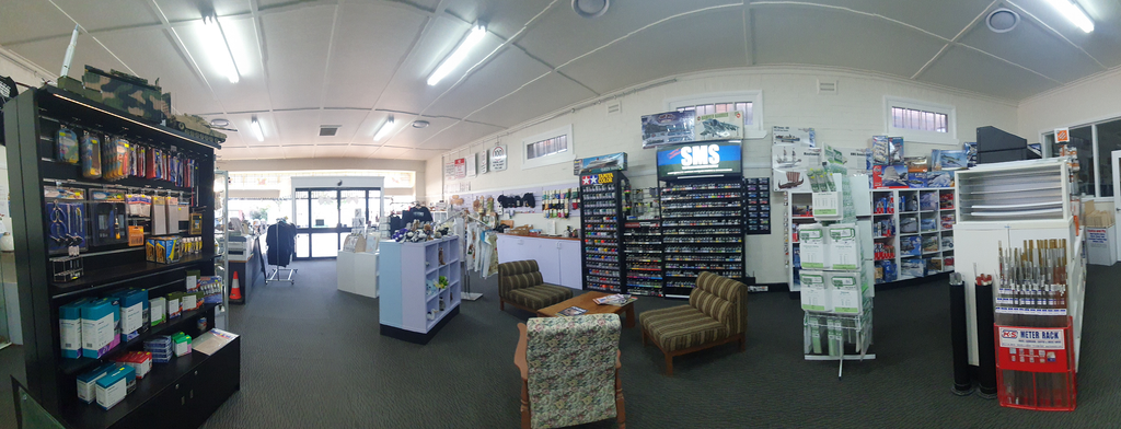 Panorama of the inside of New England Models and Hobbies shop in Uralla NSW Australia