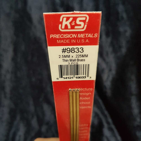 Brass Tube K&S 9833 2.5mm x 300mm 0.225mm Wall (3)