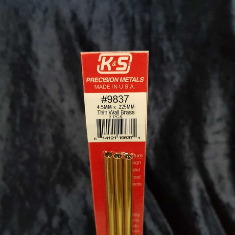 Brass Tube K&S 9837 4.5mm x 300mm 0.225mm Wall (3)